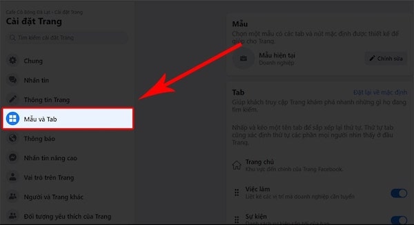 Tìm kiếm mục Mẫu và tab và click