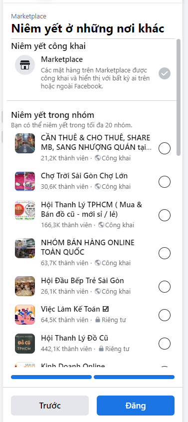 Chọn nhóm niêm yết mà bạn muốn quảng cáo, tối đa 20 nhóm