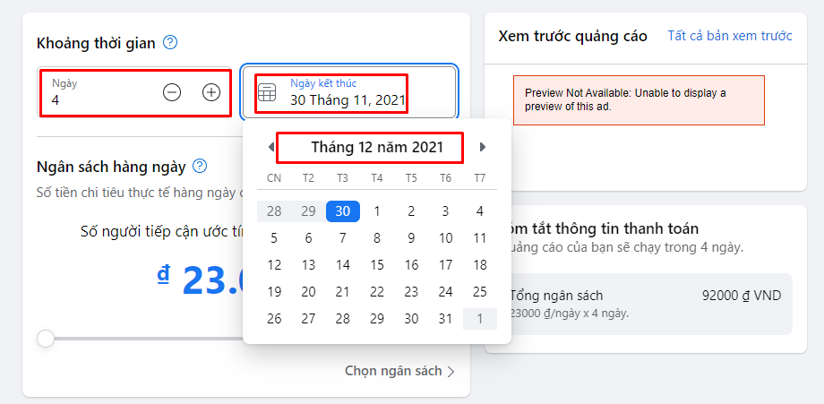 Chọn số ngày chạy quảng cáo và lên lịch cho ngày kết thúc chiến dịch