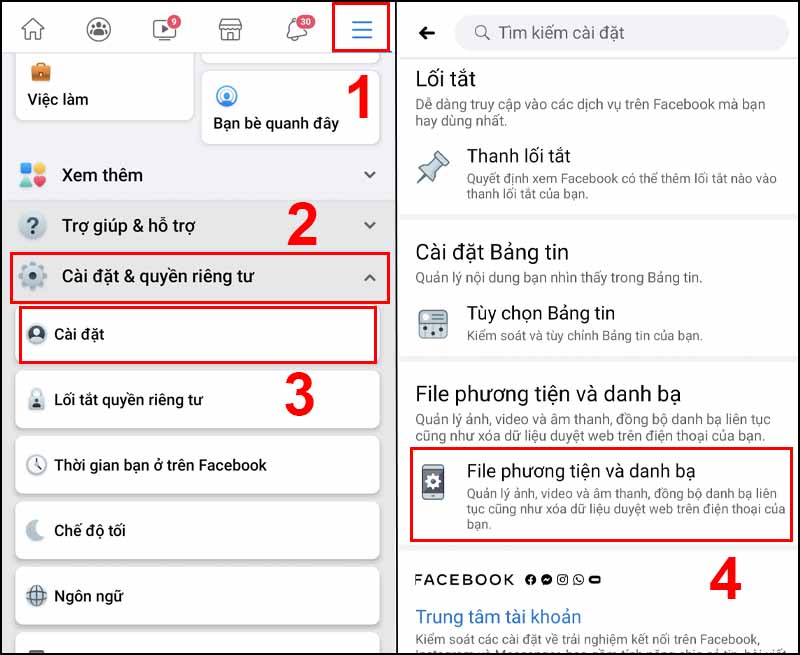 đăng hình facebook bị mờ - click “File phương tiện và danh bạ”